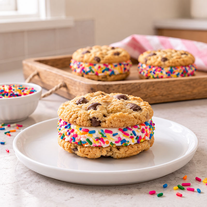 Vanilla Mookies Gluten-Free Cookie Sandwich Vanilla Mookies gluten-free chocolate chip cookie sandwich filled with vanilla buttercream and coated in rainbow sprinkles.