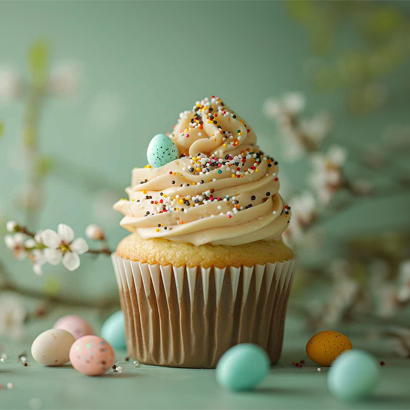 An Easter cupcake topped with vanilla buttercream and sprinkles set a top a table decorated with easter egg candies.