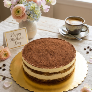 tiramisu cake sitting on a cake board on a table next to flowers and a cup of coffee