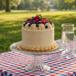 vanilla cake wiht berries on top, sitting on a picnic table
